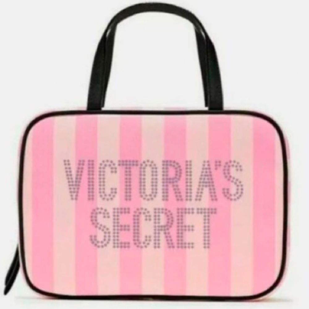 Victorias Secret Studded Iconic Stripe Hanging Cosmetic Travel Makeup Beauty Bag